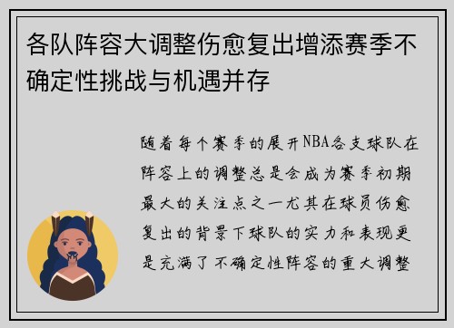 各队阵容大调整伤愈复出增添赛季不确定性挑战与机遇并存