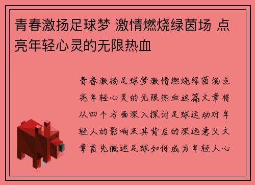 青春激扬足球梦 激情燃烧绿茵场 点亮年轻心灵的无限热血
