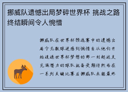 挪威队遗憾出局梦碎世界杯 挑战之路终结瞬间令人惋惜