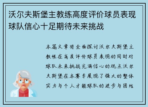 沃尔夫斯堡主教练高度评价球员表现球队信心十足期待未来挑战