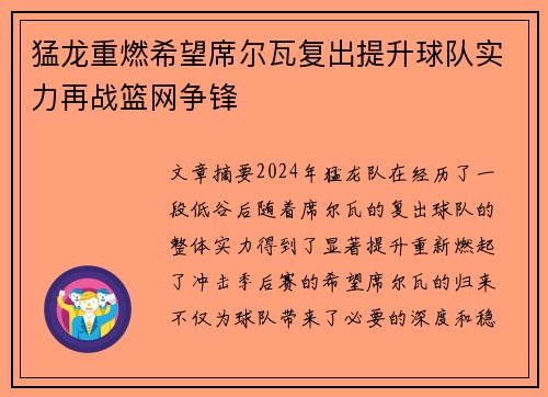猛龙重燃希望席尔瓦复出提升球队实力再战篮网争锋