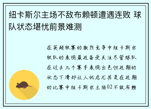 纽卡斯尔主场不敌布赖顿遭遇连败 球队状态堪忧前景难测