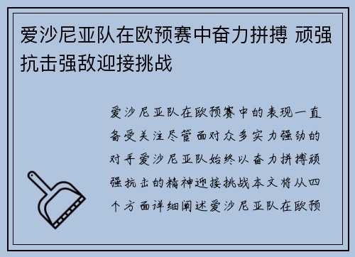 爱沙尼亚队在欧预赛中奋力拼搏 顽强抗击强敌迎接挑战