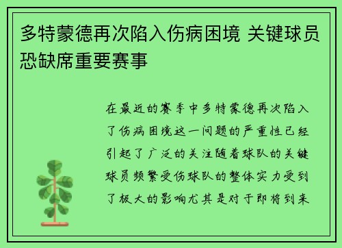 多特蒙德再次陷入伤病困境 关键球员恐缺席重要赛事