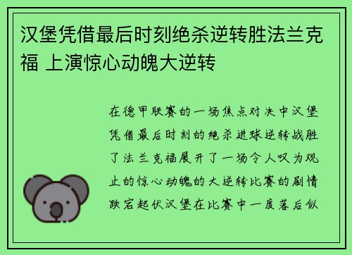 汉堡凭借最后时刻绝杀逆转胜法兰克福 上演惊心动魄大逆转
