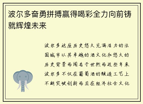 波尔多奋勇拼搏赢得喝彩全力向前铸就辉煌未来