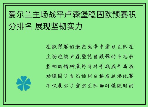 爱尔兰主场战平卢森堡稳固欧预赛积分排名 展现坚韧实力