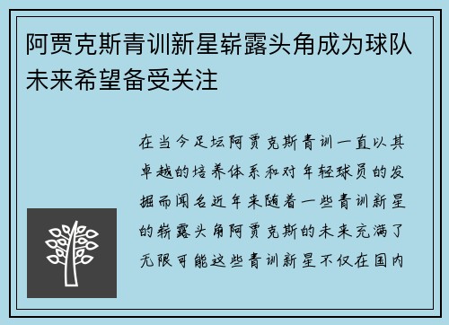 阿贾克斯青训新星崭露头角成为球队未来希望备受关注