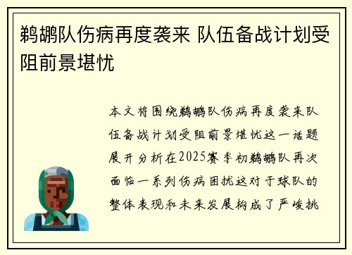 鹈鹕队伤病再度袭来 队伍备战计划受阻前景堪忧